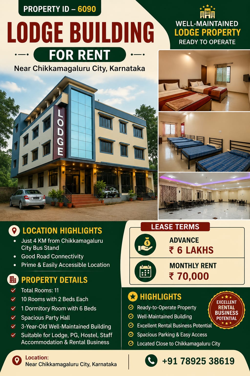 🆔 *PROPERTY ID – 6090* 🏨 *Lodge Building for rent  – Near Chikkamagaluru City